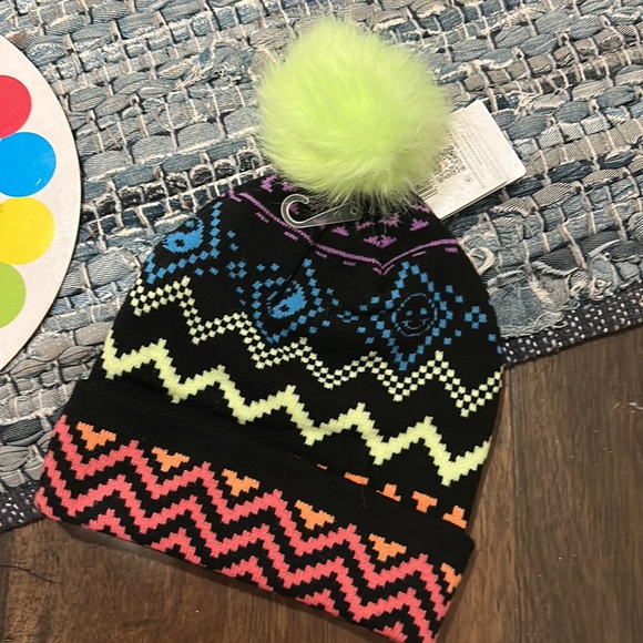 Neon Chevron Faux Fur Pom Top Beanie by Justice - Picture 5 of 8